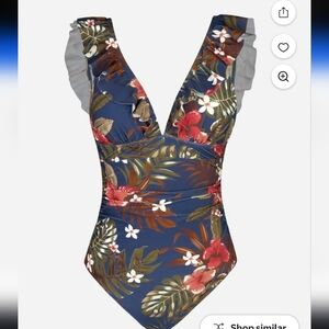Women's One-Piece Swimsuit in Navy with Red Floral Print